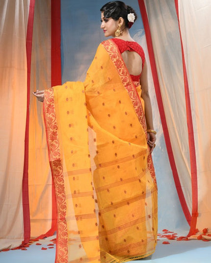 DESH BIDESH Traditional Yellow & Red Woven Pure Cotton Saree with Elegant Design