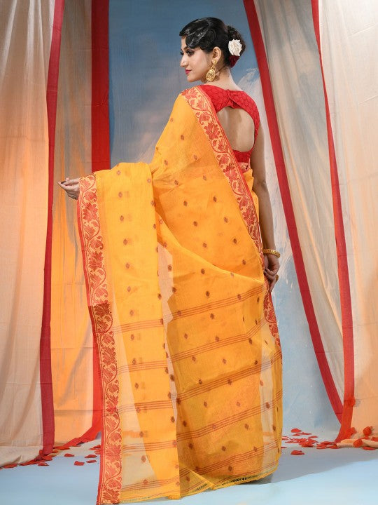 DESH BIDESH Traditional Yellow & Red Woven Pure Cotton Saree with Elegant Design
