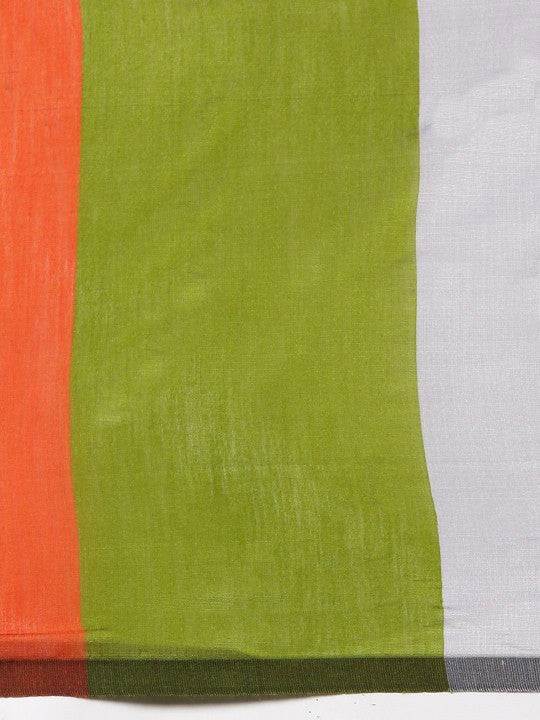 DESH BIDESH Orange and White Striped Silk Cotton Saree with Unstitched Blouse Piece