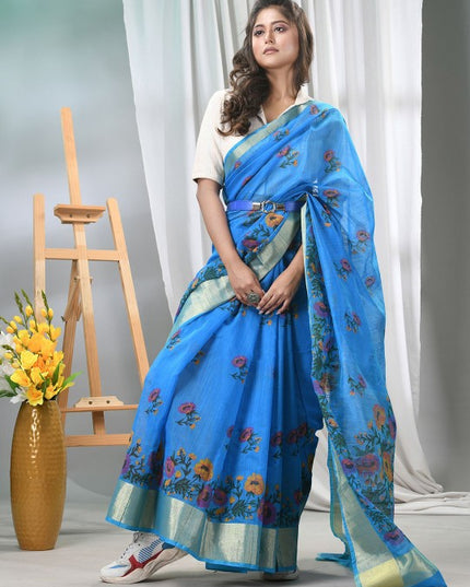 DESH BIDESH Blue Floral Printed Cotton Saree with Zari Border