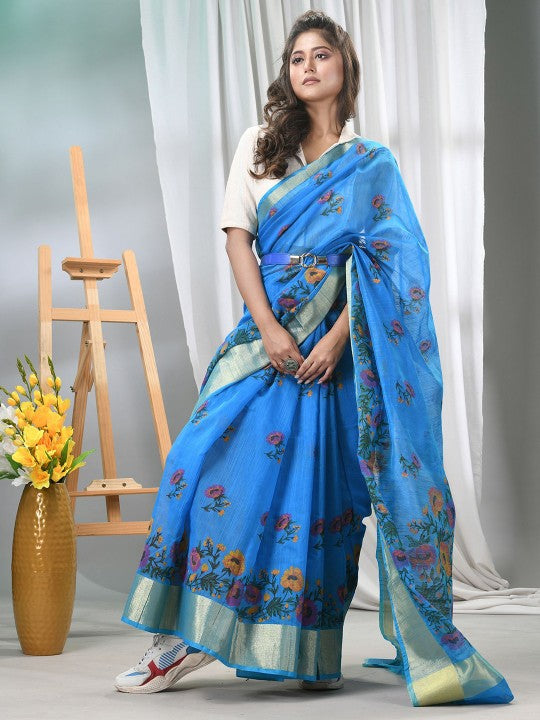 DESH BIDESH Blue Floral Printed Cotton Saree with Zari Border