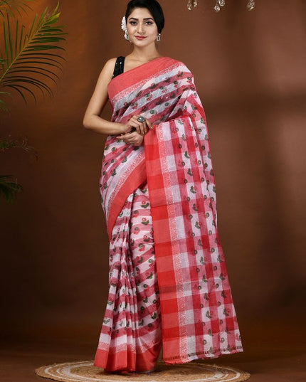 Exquisite Floral Pure Cotton Block Print Saree with Woven Border