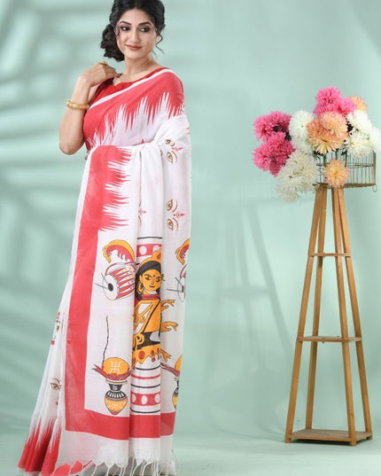 DESH BIDESH Pure Cotton Handloom Saree: Exquisite Handcrafted White and Red Cotton Saree