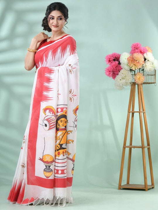 DESH BIDESH Pure Cotton Handloom Saree: Exquisite Handcrafted White and Red Cotton Saree