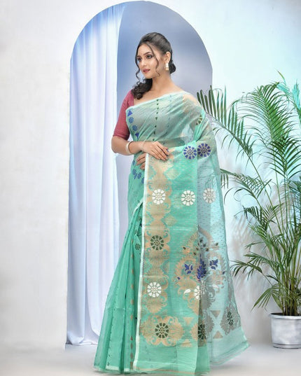 Exquisite Sea Green Pure Cotton Jamdani Saree with Elegant Woven Zari Design