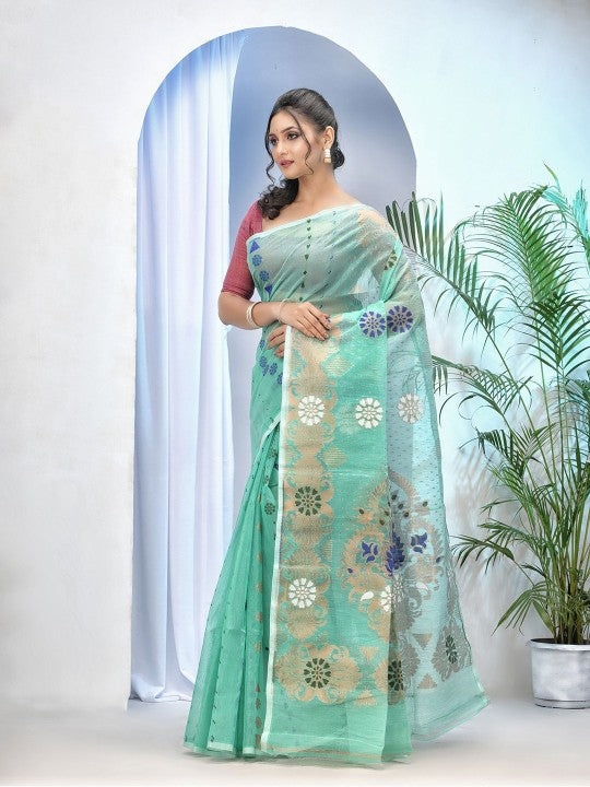 Exquisite Sea Green Pure Cotton Jamdani Saree with Elegant Woven Zari Design