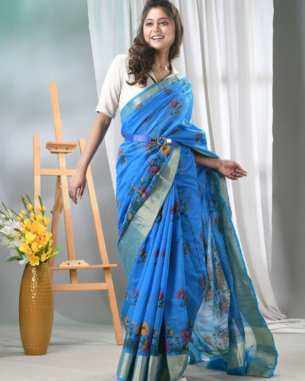 DESH BIDESH Blue Floral Printed Cotton Saree with Zari Border