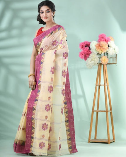 DESH BIDESH Magenta and Cream Woven Design Pure Cotton Saree for Women