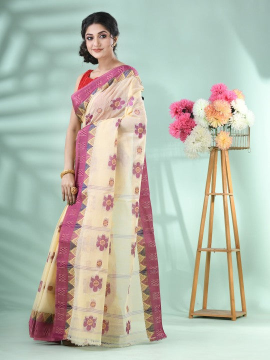 DESH BIDESH Magenta and Cream Woven Design Pure Cotton Saree for Women