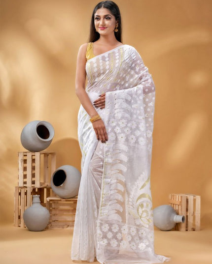 Exquisite White & Gold Pure Cotton Jamdani Saree with Woven Zari Border