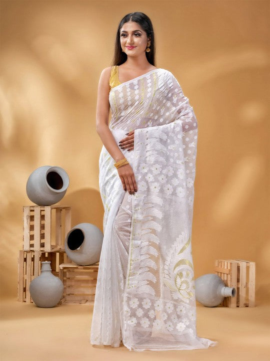 Exquisite White & Gold Pure Cotton Jamdani Saree with Woven Zari Border