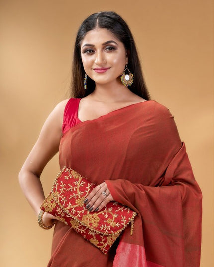 DESH BIDESH Elegant Maroon Woven Design Taant Saree for Women with Solid Border