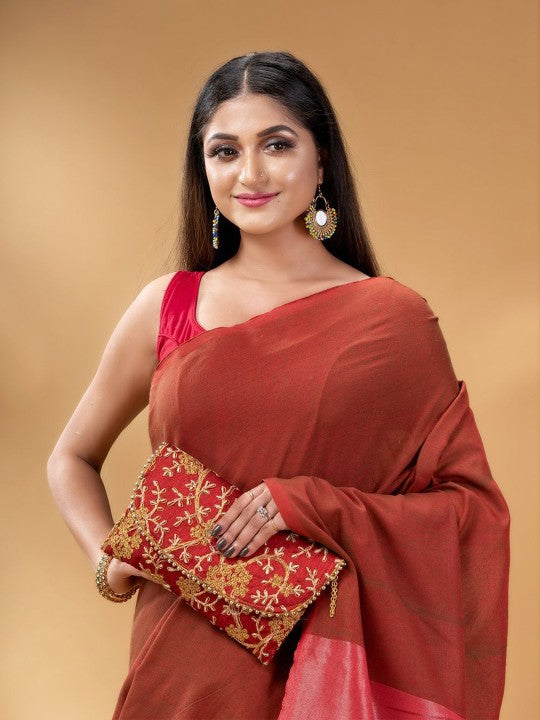 DESH BIDESH Elegant Maroon Woven Design Taant Saree for Women with Solid Border