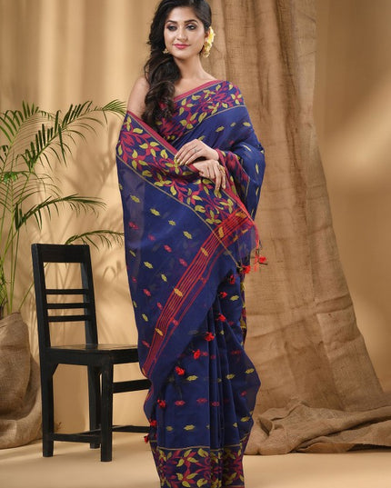 DESH BIDESH Floral Woven Taant Saree: Elegant Blue and Red Design