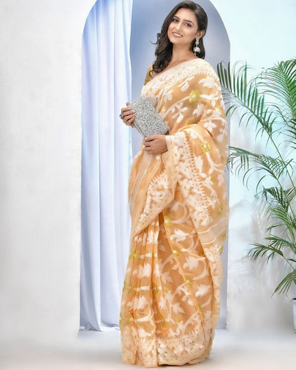 DESH BIDESH Women's Off-White Pure Cotton Jamdani Saree with Floral Woven Design