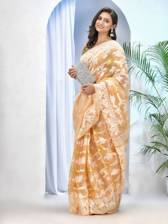 DESH BIDESH Women's Off-White Pure Cotton Jamdani Saree with Floral Woven Design