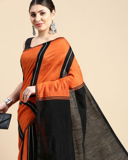 Exquisite Striped Silk Cotton Saree in Orange and Black with Solid Border