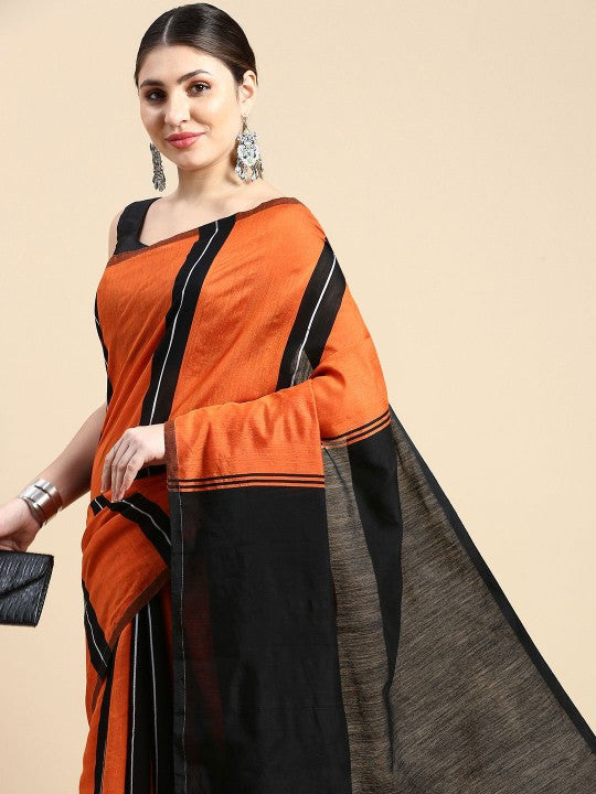 Exquisite Striped Silk Cotton Saree in Orange and Black with Solid Border