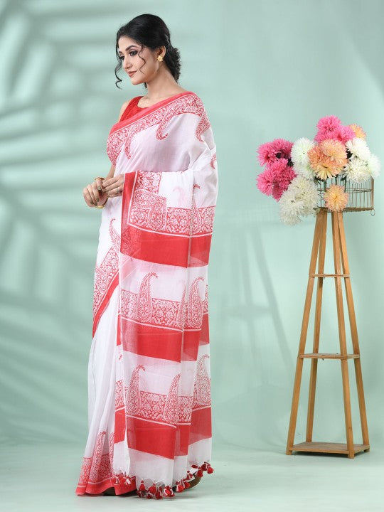 DESH BIDESH Elegant Paisley Printed Pure Cotton Saree with Solid Border