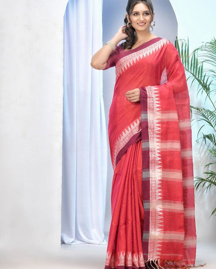 Exquisite Red & White Woven Design Tissue Handloom Saree with Unstitched Blouse Piece
