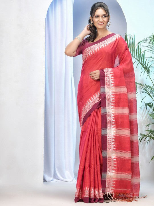 Exquisite Red & White Woven Design Tissue Handloom Saree with Unstitched Blouse Piece