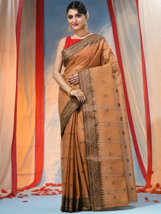 DESH BIDESH Traditional Orange Pure Cotton Saree with Elegant Woven Zari Design