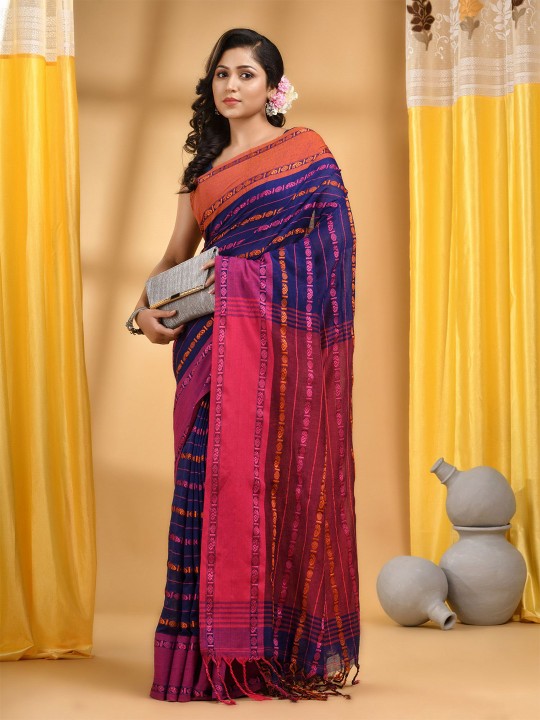 DESH BIDESH Woven Design Zari Pure Cotton Taant Saree With Blouse Piece