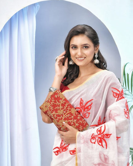 Exquisite White & Red Woven Ethnic Motifs Embroidered Saree with Blouse Piece