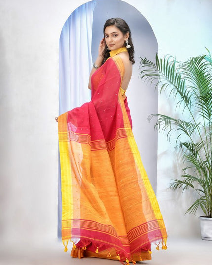 DESH BIDESH Pink & Yellow Silk Cotton Sequinned Saree