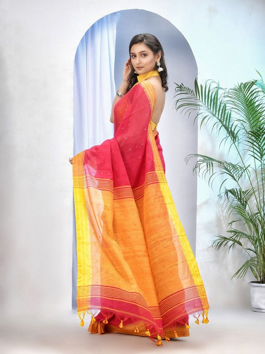 DESH BIDESH Pink & Yellow Silk Cotton Sequinned Saree