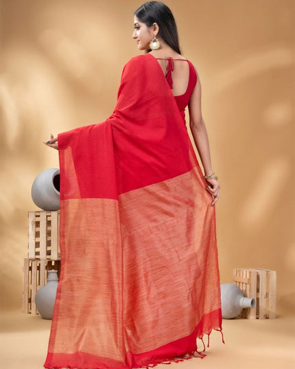 DESH BIDESH Elegant Red Pure Cotton Solid Saree with No Border