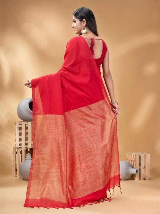 DESH BIDESH Elegant Red Pure Cotton Solid Saree with No Border