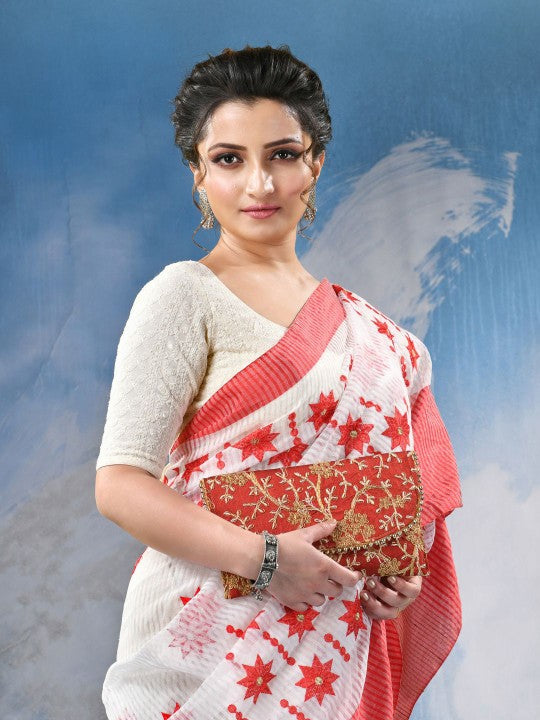 DESH BIDESH Women Floral Embroidered Pure Cotton Khadi Saree