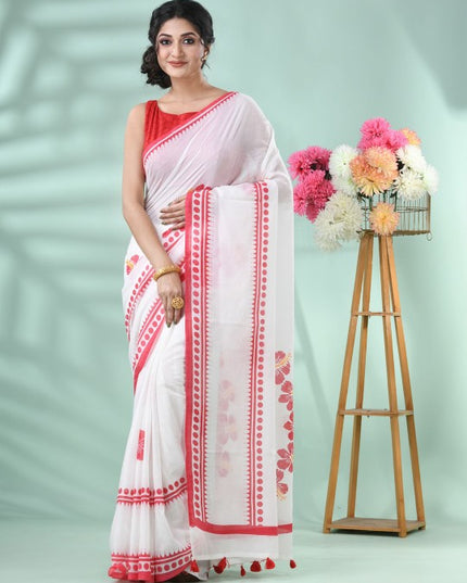 Exquisite Floral Printed Handloom Saree: Red & White, Cotton Blend, Traditional Indian Wear