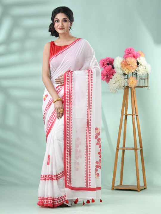 Exquisite Floral Printed Handloom Saree: Red & White, Cotton Blend, Traditional Indian Wear
