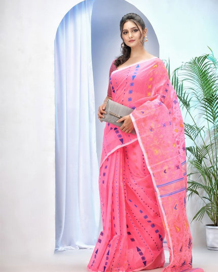 DESH BIDESH Pink Woven Design Jamdani Saree for Women