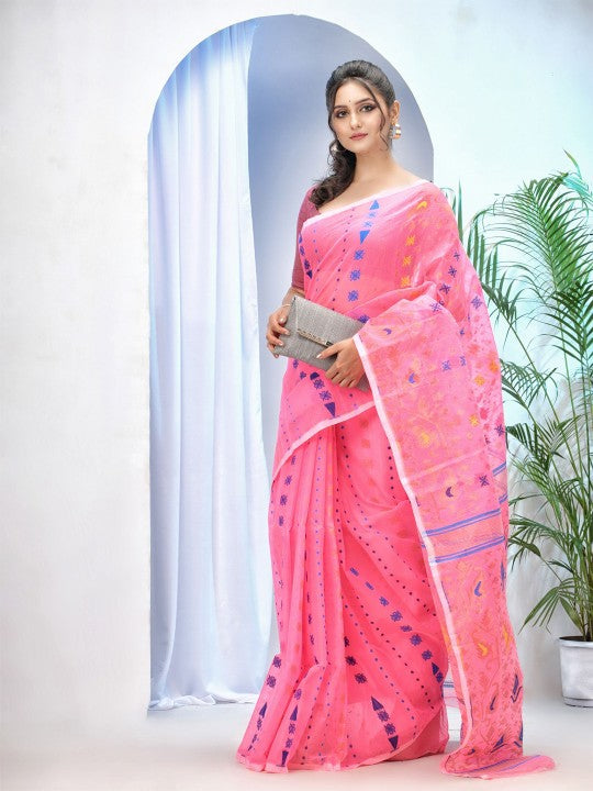 DESH BIDESH Pink Woven Design Jamdani Saree for Women