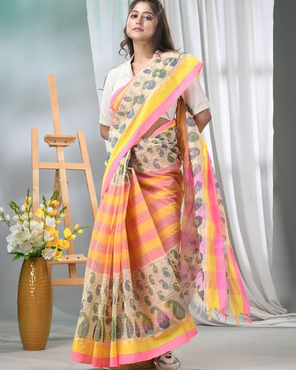 DESH BIDESH Pure Cotton Pink Yellow Paisley Printed Taant Saree for Women