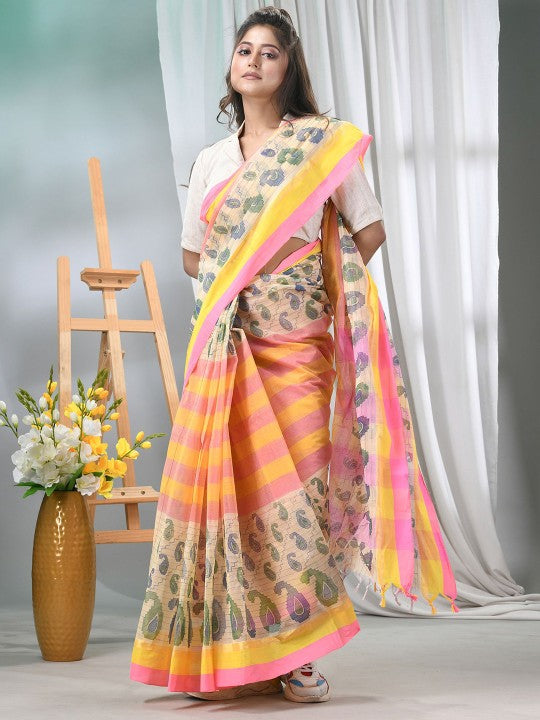 DESH BIDESH Pure Cotton Pink Yellow Paisley Printed Taant Saree for Women
