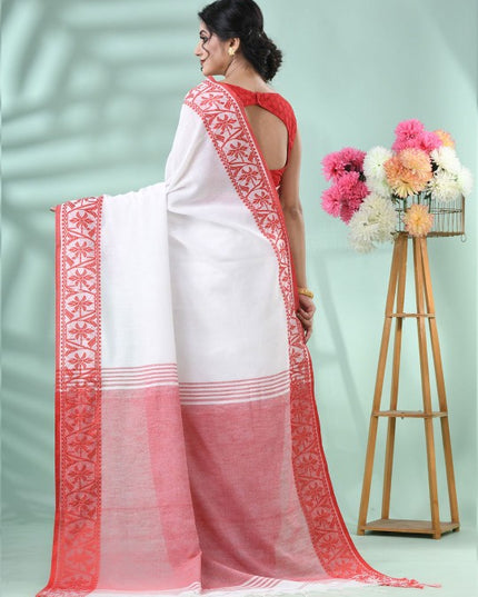 DESH BIDESH Women's White & Red Floral Handloom Saree with Printed Border