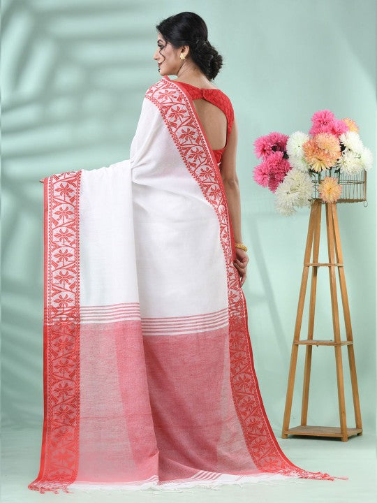 DESH BIDESH Women's White & Red Floral Handloom Saree with Printed Border