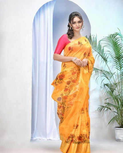 DESH BIDESH Women's Floral Printed Zari Handloom Taant Saree with Zari Border