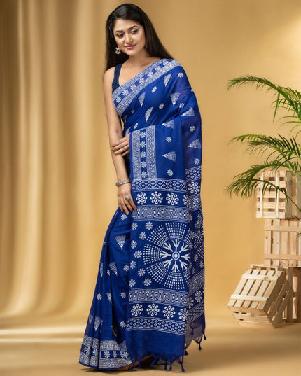 DESH BIDESH Blue Ethnic Motifs Pure Cotton Taant Saree