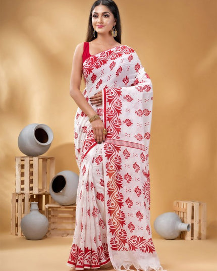 Exquisite Pure Cotton White Saree with Red Ethnic Block Prints and Border