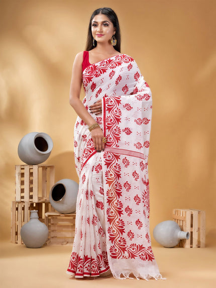 Exquisite Pure Cotton White Saree with Red Ethnic Block Prints and Border