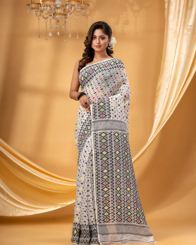 DESH BIDESH Pure Cotton Jamdani Saree with Geometric Woven Design