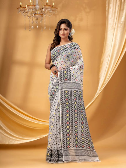 Premium Geometric Woven Jamdani Saree - Pure Cotton Ready-to-Wear Ethnic Design