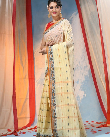 DESH BIDESH Beige Ethnic Motifs Pure Cotton Saree for Women with Woven Design