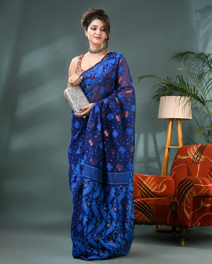 Elegant Blue Jamdani Saree with Woven Ethnic Motifs and Zari Work