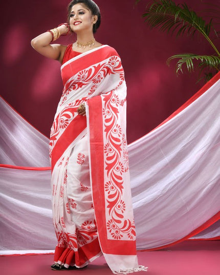 Exquisite Red & White Pure Cotton Saree with Woven Zari Design & Solid Border